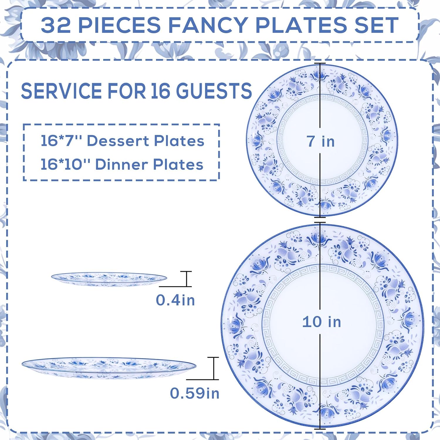 WONDERFUL 32pcs Blue Plastic Plates Blue and White Fancy Disposable Plates Floral Decorative Plate Disposable Heavy Duty for High-End Party Retro Decor